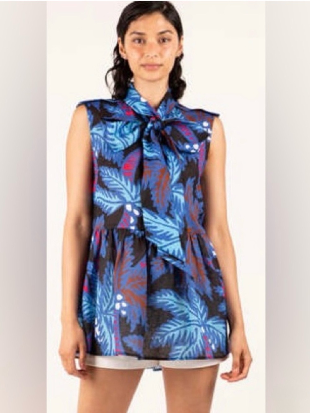 Rachel Comey Palm Print Blue/Multi Color Linen Tunic Neck Tie Size 2